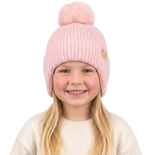 C.C Kids Ear Flap Fur Pom Beanie for Boys Girls - Comfortable Soft Warm Children Youth Knit Skully Hat with Faux Fur Pom - color: Pink