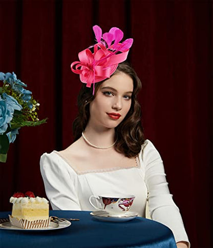 Kentucky Derby Fascinators for Women High Tea Party Hat Wedding Cocktail Flower Headware with Mesh and Feathers - color: Y-rose