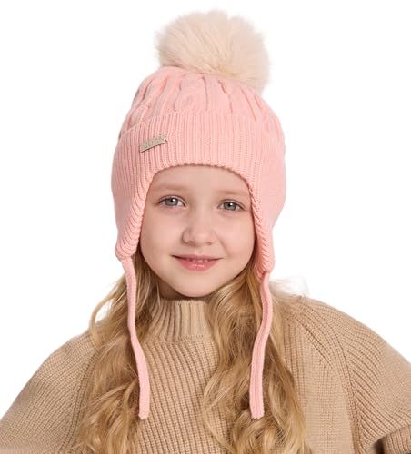 ZLYC Kids Girls Boy Winter Hat Cotton Lined Pom Pom Beanie Earflap Knit Cap - color: Solid Pink