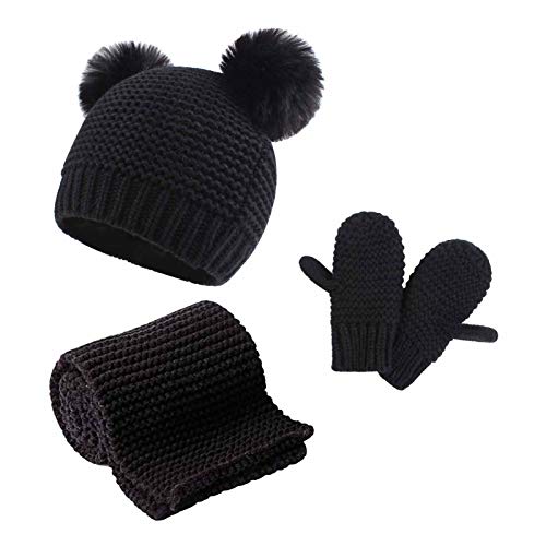 Duoyeree Baby Winter Hat Scarf Glove Beanie Set Fleece Lined Set 0-3T - color: Black