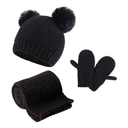 Duoyeree Baby Winter Hat Scarf Glove Beanie Set Fleece Lined Set 0-3T - color: Black