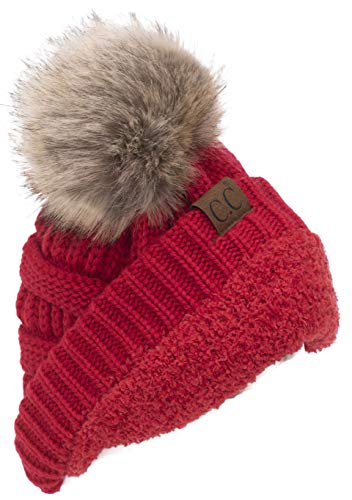 C.C Trendy Fuzzy Fleece Lined Warm Comfortable Soft Stretch Cable Knit Ribbed Faux Fur Pom Pom Beanie Hat - color: Red