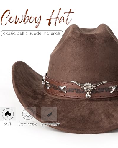 Western Cowboy Hat for Men Wide Brim Suede Cattleman Cowgril Hats - color: Coffee Belt/Coffee