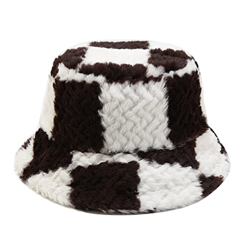 Dirholl Women's Winter Faux Fur Fuzzy Warm Bucket Hat - color: Plaid Brown
