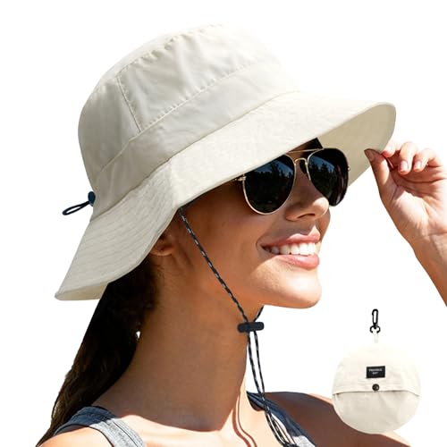 NPJY Packable Sun Bucket Hat for Women Outdoor Waterproof Rain Hat - color: Beige (Packable)