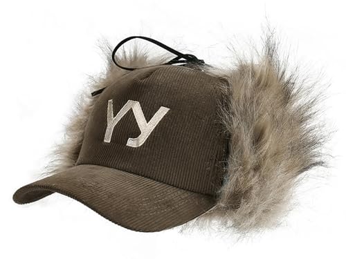 URAWOW Faux Fur Baseball Cap Women Winter Fall Grunge Aespa NINGNING Same Style Trapper Hat Plush Retro Fashion Ear Warmer - color: Military Green B