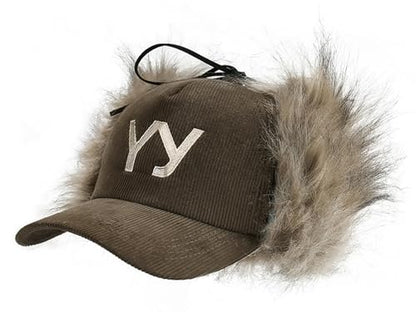 URAWOW Faux Fur Baseball Cap Women Winter Fall Grunge Aespa NINGNING Same Style Trapper Hat Plush Retro Fashion Ear Warmer - color: Military Green B