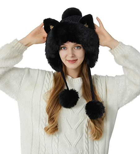 HUAMULAN Women Winter Sherpa Knit Beanie Hat Fleece Lined Ear Flaps - color: Black Solid