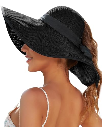 Sun Beach Hats for Women with Ponytail Hole, Floppy Wide Brim Beach Hat, Straw Summer Packable Sunhat Foldable Sun Protection - color: Black, size: Large