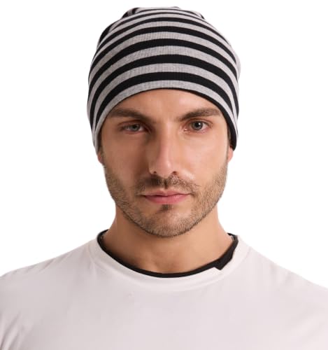 ZLYC Cotton Thin Slouchy Beanie Hat for Men Women Stretch Skull Cap - color: Striped Black and Gray, size: One Size