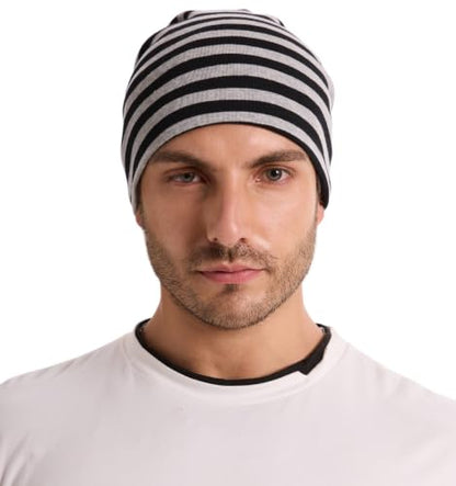 ZLYC Cotton Thin Slouchy Beanie Hat for Men Women Stretch Skull Cap - color: Striped Black and Gray, size: One Size