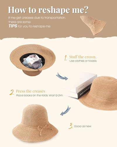 FURTALK Beach Sun Hat for Women Foldable Packable Handmade Straw Hats Sun Protection Floppy Travel Essentials - color: Khaki, size: Medium-Large