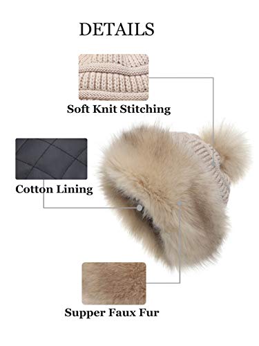 Soul Young Women's Faux Fur Hat Russian Cossack Knit Pompom Hat Ski Snow Cap for Winter Outdoor - color: Khaki