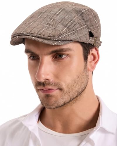 ZLYC Men Cotton Flat Cap Summer Scally Newsboy Beret Driver Hat - color: Plaid Coffee