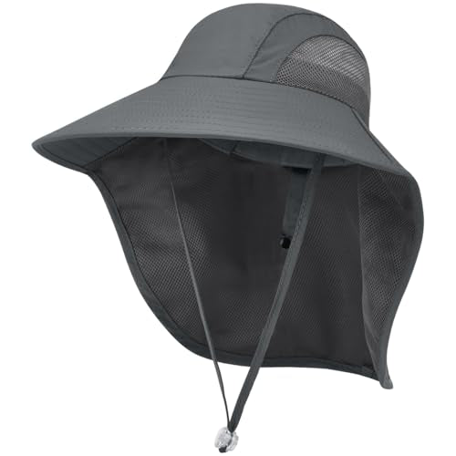 Kids Sun Hat UPF50+ Summer Beach Play Sun Protection Hats with Neck Flap for Ages 5~14 Girls Boys - color: Dark Grey