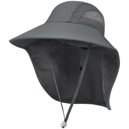 Kids Sun Hat UPF50+ Summer Beach Play Sun Protection Hats with Neck Flap for Ages 5~14 Girls Boys - color: Dark Grey