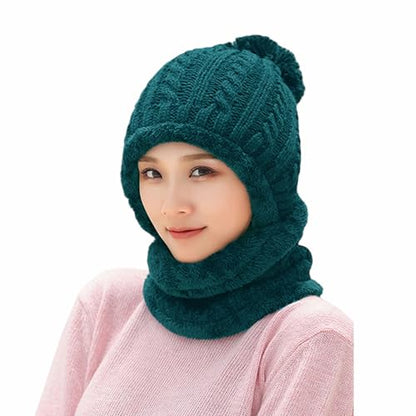 HUAMULAN Women Winter Knit Beanie Hats One Piece Fleece Lined Balaclavas - color: Teal