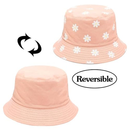 Reversible Bucket Hats for Women Men Flower Cotton Summer Travel Beach Sun Hats Packable Bucket Hats - color: Pink a