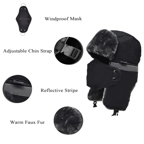 Winter Trapper Hats Ushanka Russian- Men Women Trooper Ear Flaps Hunting Face Masks Ski Snow Cold Weather - color: Black