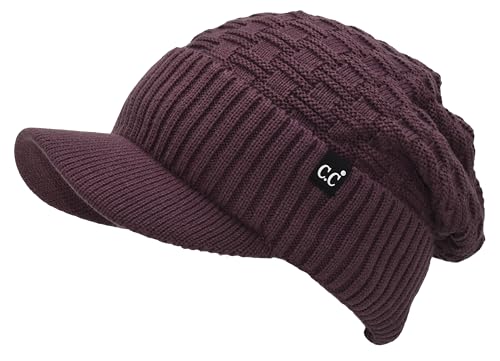C.C Fuzzy Fleece Lined Warm Oversized Chunky Soft Stretchy Oversized Two Way Ribbed Slouchy Knit Hat with Visor Brim - color: Coco Berry