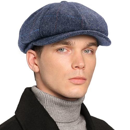 Mens Newsboy Cap High Woolen Tweed Gatsby Hat Ivy Cabbie Flat Golf Cap for Fathers Women Unisex - color: Herringbone Plaid Navy, size: 7-7 1/8