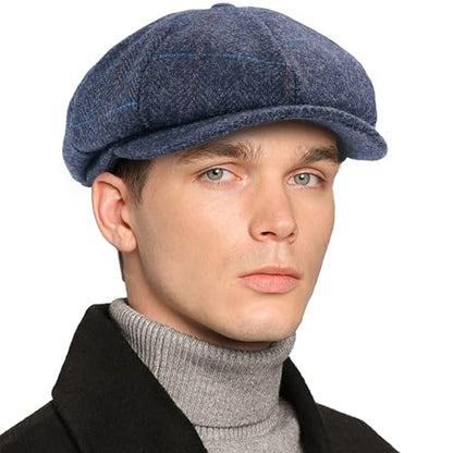 Mens Newsboy Cap High Woolen Tweed Gatsby Hat Ivy Cabbie Flat Golf Cap for Fathers Women Unisex - color: Herringbone Plaid Navy, size: 7 1/4-7 1/2