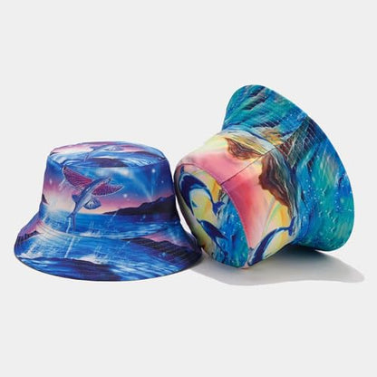 Quanhaigou Bucket Hat for Men Women,Packable Reversible Printed Sun Hats,Fisherman Outdoor Summer Travel Hiking Beach Caps - color: Dolphin Ocean