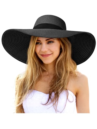 Floppy Sun Hats for Women, Summer Wide Brim Straw Beach Hat - color: Black, size: X-Large