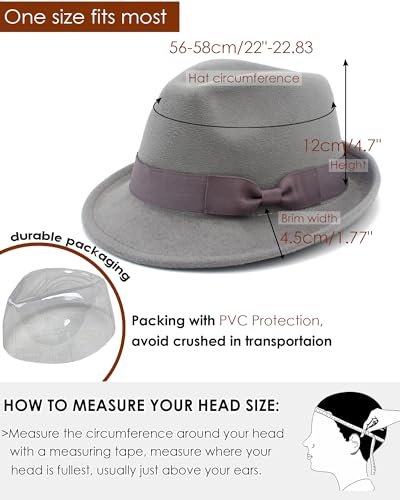 Fedora Hats for Men Women 1920s Short Brim Felt Trilby Hat - color: Light Grey