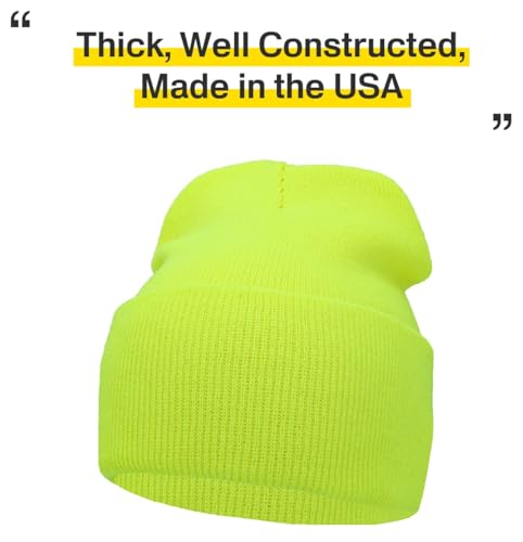 KBETHOS Made in USA Classic Men's Women's Cuffed Folded Acrylic Knit Beanie Hat Solid Unisex Cold - color: Neon Yellow Solid Long Beanie