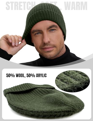 vidsel 50% Wool Double Cuff Beanie Hat for Men Women, Warm Winter Knit Cap - color: Army Green
