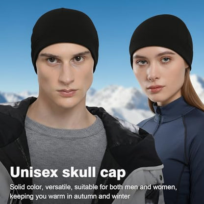 2 Pack Thermal Skull Caps for Men Women Wind-Resistant Fleece Beanie Hats Cold Weather Helmet Liners for Cycling - color: Black+black