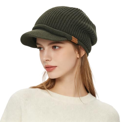 Winter Beanie with Visor - Stylish Knit Hat with Bill - Thick Brimmed Beanies with Fleece Lining Men and Women - color: B326-green