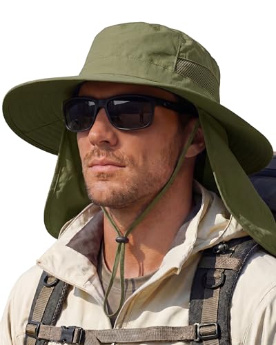 Sun Hats for Men Wide Brim Bucket Hat with Neck Flap for Fishing & Hiking Mens Sun Hat for UV Protection - color: Dark Green
