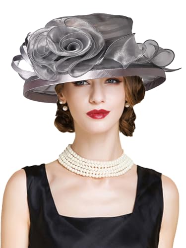 Flat Top Sun Visor Hats for Women Floral Bride Wedding Fascinator Hat Bucket Hat Cocktail Party Derby Cap - color: Gray