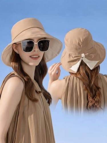Women Bowknot Wide Brim UPF50+ Foldable Travel Beach Sun Hat - color: Khaki