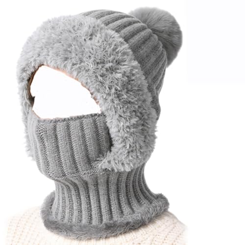 3 in 1 Beanie Hat for Women, Knitted Balaclava Hats,with Scarf and Mask,Face Mask Neck Scarf Set - color: Gray
