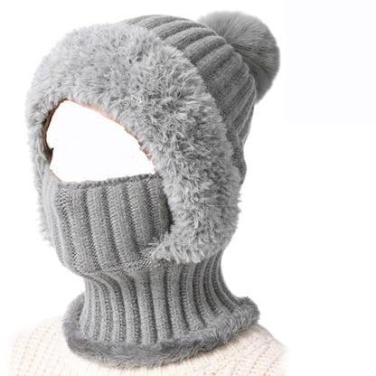 3 in 1 Beanie Hat for Women, Knitted Balaclava Hats,with Scarf and Mask,Face Mask Neck Scarf Set - color: Gray