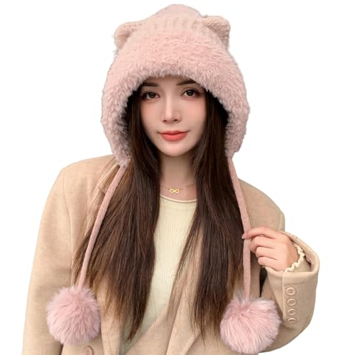 HUAMULAN Women Winter Sherpa Knit Beanie Hats with Pom Poms Ear Flaps - color: Pink