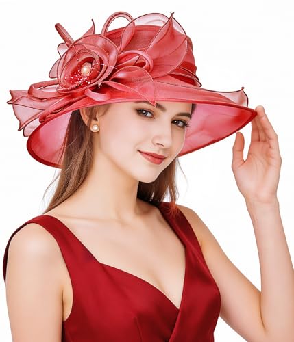 Z&X Organza Church Fascinator Wedding Tea Party Derby Hats for Women Flower Wide Brim Sun Hats - color: 022 Wine Red
