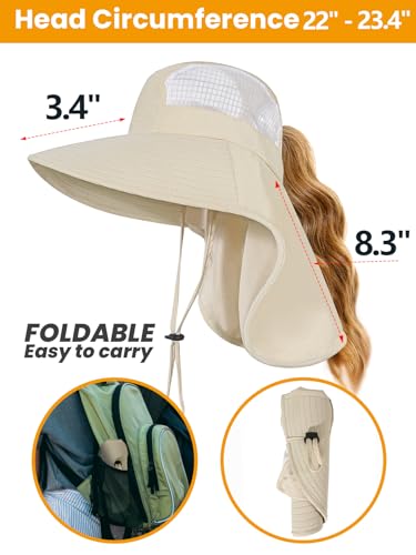 Sun Hats for Women UV Protection with Neck Flap Wide Brim Beach Hats with Ponytail Hole for Hiking Fishing Gardening Travel - color: Beige