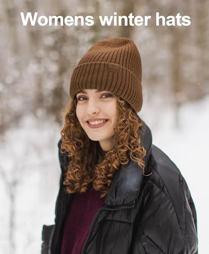 ZTL Merino Wool Beanie Hat for Men Women, Thick Warm Fleece Lined Knit Winter Hats Cuffed Beanie Stocking Hat Ski Skull Cap - color: Brown