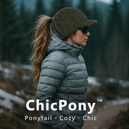 ChicPony™ Merino Wool Visor Ponytail Beanie with Brim Fleece Lined 3 Bun Openings Hole Warm Windproof Knit Cap Winter Hat - color: Forest Olive(pony)