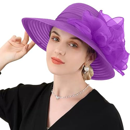DRESHOW Lady Derby Dress Church Bowler Cloche Hat Bowknot Organza Bridal Cap for Wedding - color: 1 Pack Bowler Hat: Dark Purple