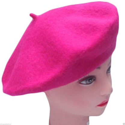 Women French Wool Beret Hats - Solid Color Classic Beanie Winter Cap - color: Rose
