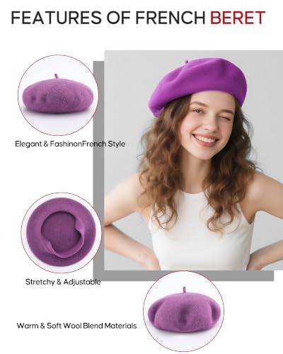 French Beret Hats for Women - Wool Solid Color Beanie Cap - color: Lavender