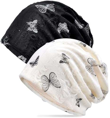 Ababalaya Womens Cotton Summer Beanie Chemo Headwear Sleep Cap - color: A-butterfly Closed Top