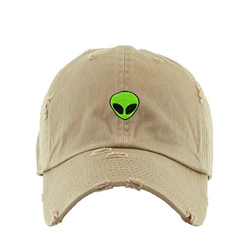 Green Alien Vintage Baseball Cap Embroidered Cotton Adjustable Distressed Dad Hat - color: Khaki