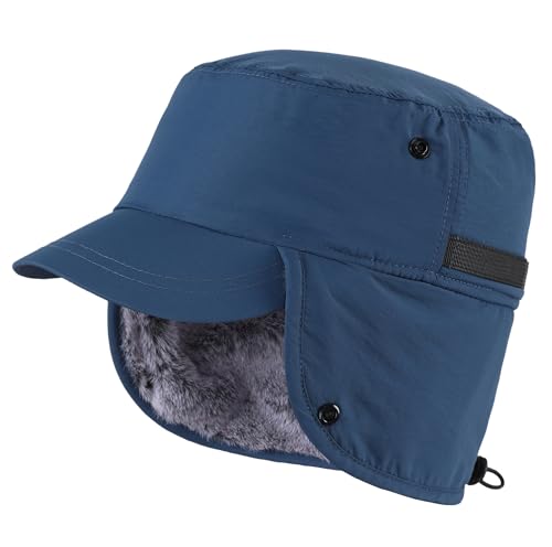 Connectyle Men's Winter Hat with Visor Warm Earflaps Hat Fully Lined Faux Fur Baseball Cap Trapper Hunting Hats - color: Dark Blue