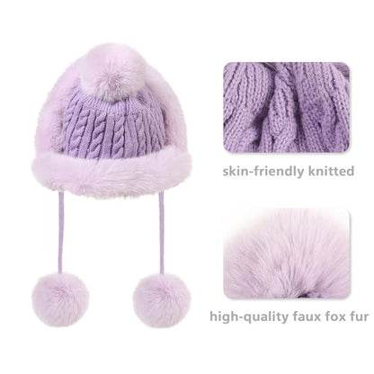 Winter Hats Cute Kint Hat Russian Fur Crochet Hat Slouchy Beanies with Pompom Warm Fuzzy Snow Cap Trapper Hat for Women - color: Light Purple